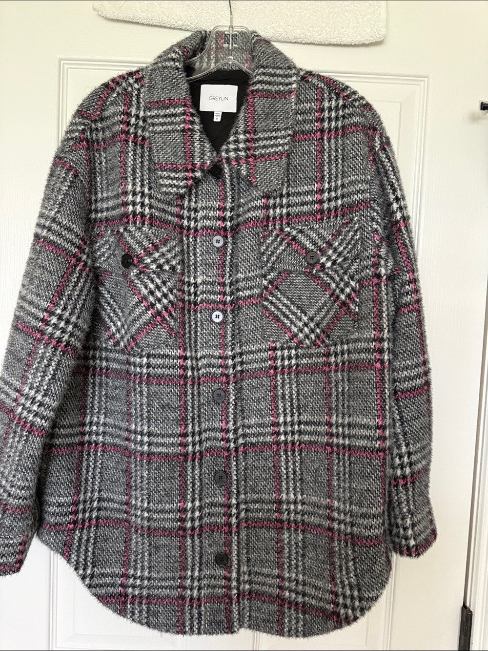 Greylin Anthropologie Plaid Fuzzy Knit Jacket Pink Gray Medium